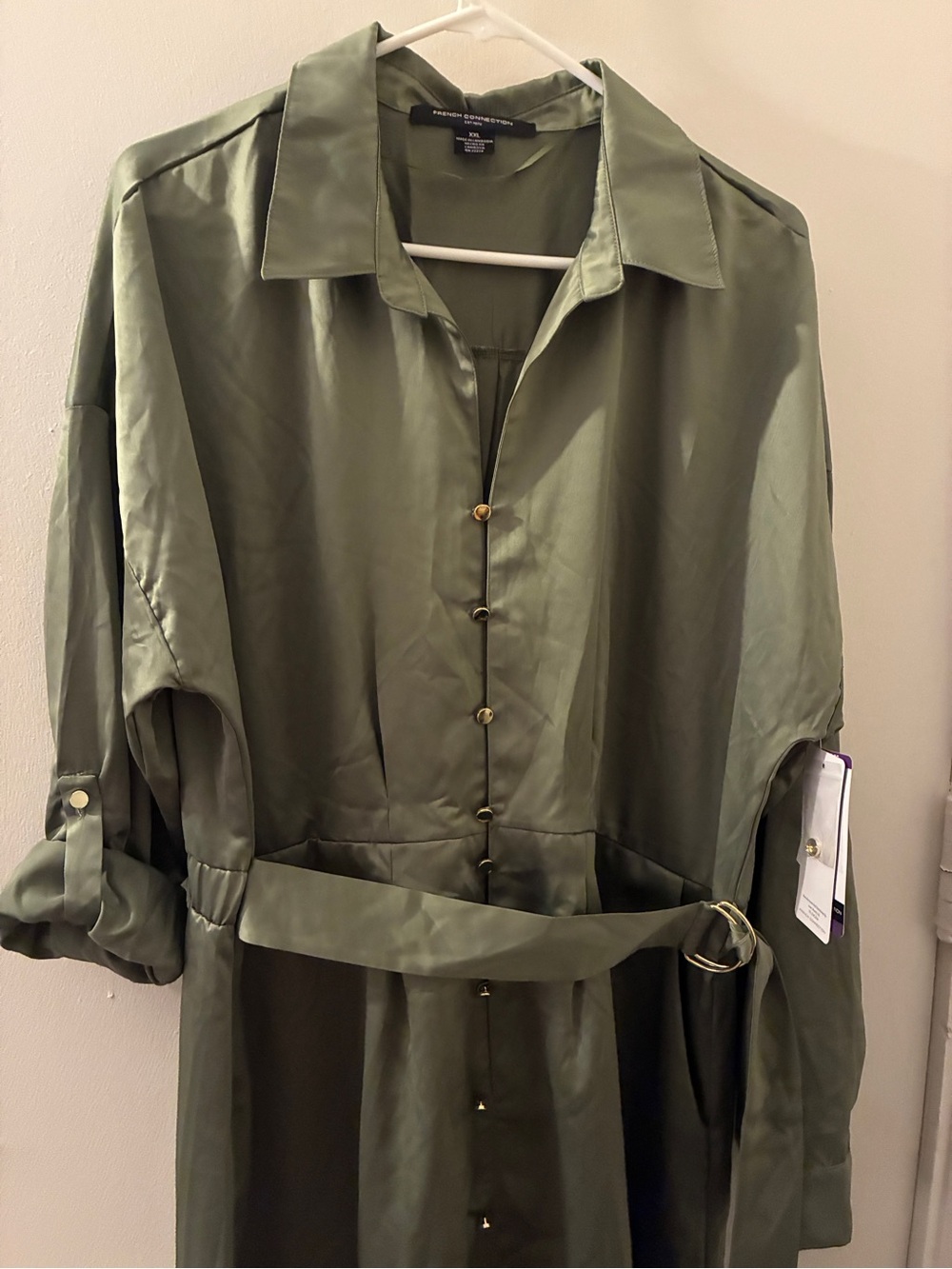 Women’s French Connection Olive Green Button-Front Belted Shirtdress SZ XXL NWT